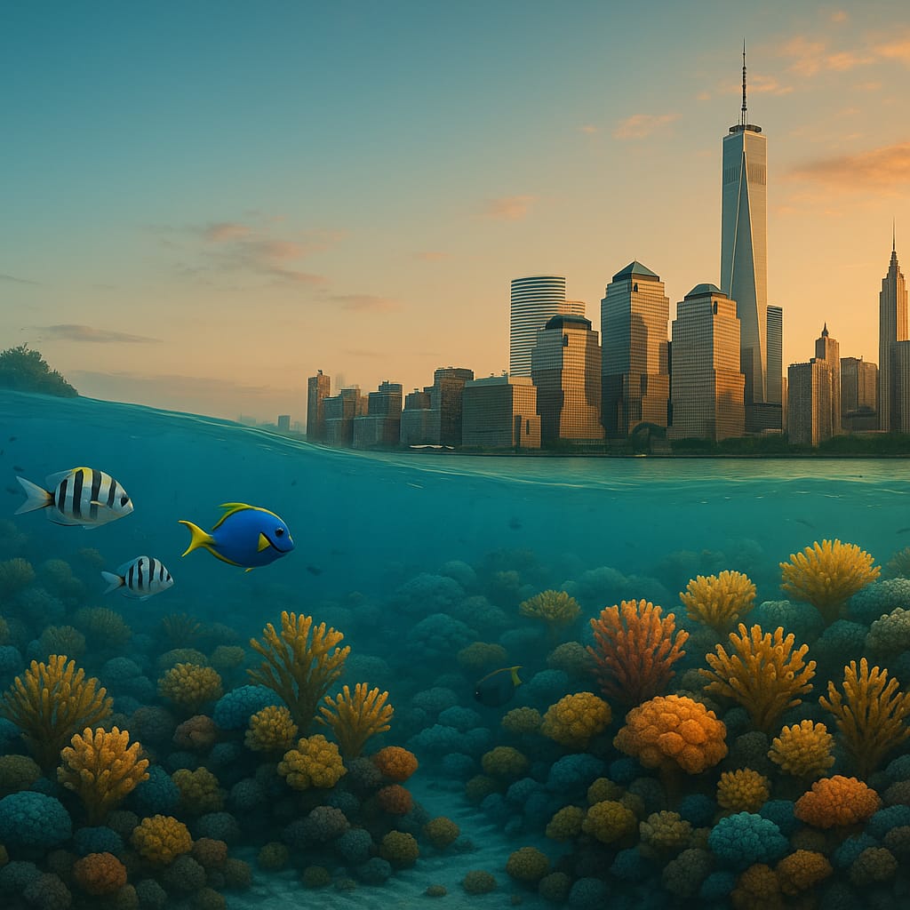 Hintergrundbild mit einer Unterwasserwelt unten und eine Großstadt Skyline oben